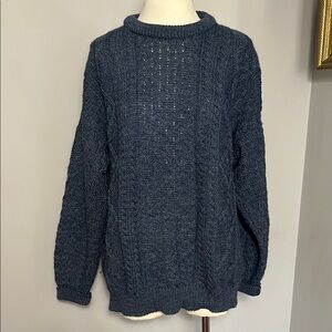 Aran Crafts XL Wool Blue Chunky Cable Knit Sweater